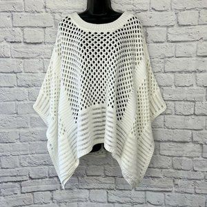 Chico's Boho Crochet Poncho Top L/XL White 100% Cotton Crew Neck Resort Wear